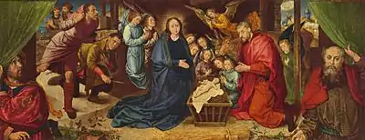 Nativity by Hugo van der Goes, 1480. The figures holding back the curtain wear chaperons with short cornettes.