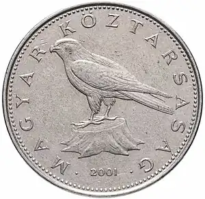 Coin of 50 forint in Hungary, depicted with saker falcon, several authors identify the Turul with saker falcon