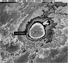 An infrared radar image of Hurricane Katrina. A note on the center-left labels the name of the storm