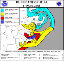 A map of coastal North Carolina highlighting areas of differing storm surge heights.