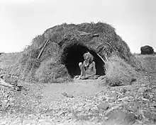 Image 22An Eastern Arrernte man of the Arltunga district, Northern Territory, in 1923. His hut is decked with porcupine grass. (from Aboriginal Australians)