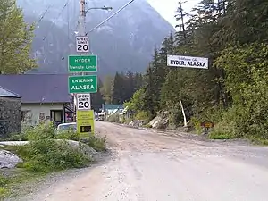 The border between Stewart, British Columbia and Hyder, as seen from the Canadian side.