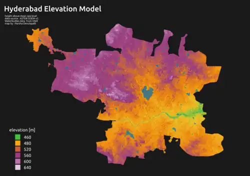 The elevation model of Hyderabad and Secunderabad areas, created using ASTER GDEM v2 Data.