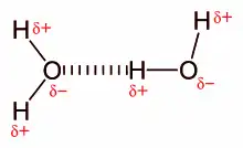 Illustration of two water molecules interacting to form a hydrogen bond