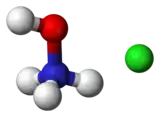 Ball-and-stick model of a hydroxylammonium cation (left) and a chloride anion (right)