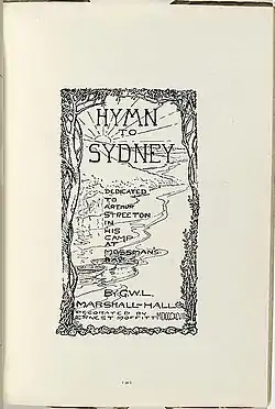 Frontispiece by Ernest Moffitt of Marshall Hall's "Hymn to Sydney", dedicated to Arthur Streeton and the Artists' Camps