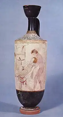 Image 18A scene from the Iliad: Hypnos and Thanatos carrying the body of Sarpedon from the battlefield of Troy; detail from an Attic white-ground lekythos, c. 440 BC (from Ancient Greece)