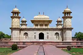 Tomb of I'timād-ud-Daulah is a Mughal mausoleum in Agra. It is noticeable for the first use of pietra dura technique. The tomb is often regarded as a draft of the Taj Mahal.