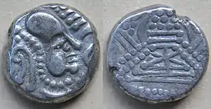 Drachma of the Saindhava or Chalukya dynasties dating from about 800-950. The front represents a bust, turned right of Indo-Sassanian style with points, and the back contains a stylized fire. of Jayadratha dynasty