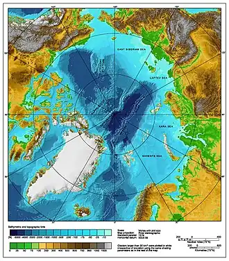 Image 9A bathymetric/topographic map of the Arctic Ocean and the surrounding lands. (from Arctic Ocean)