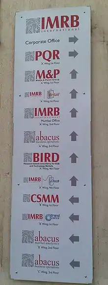 Sign Outside IMRB offices in Mumbai listing out its divisions.