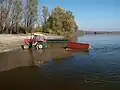 IMT 560 De luxe tractor with a sort of "cage" machine cleaning plenty of carrots in river water; Danube riverbank at Banoštor village in Serbia.