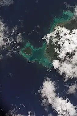 Satellite photo showing Manono & Apolima islands & west end of Upolu under clouds. (NASA photo, 2006).