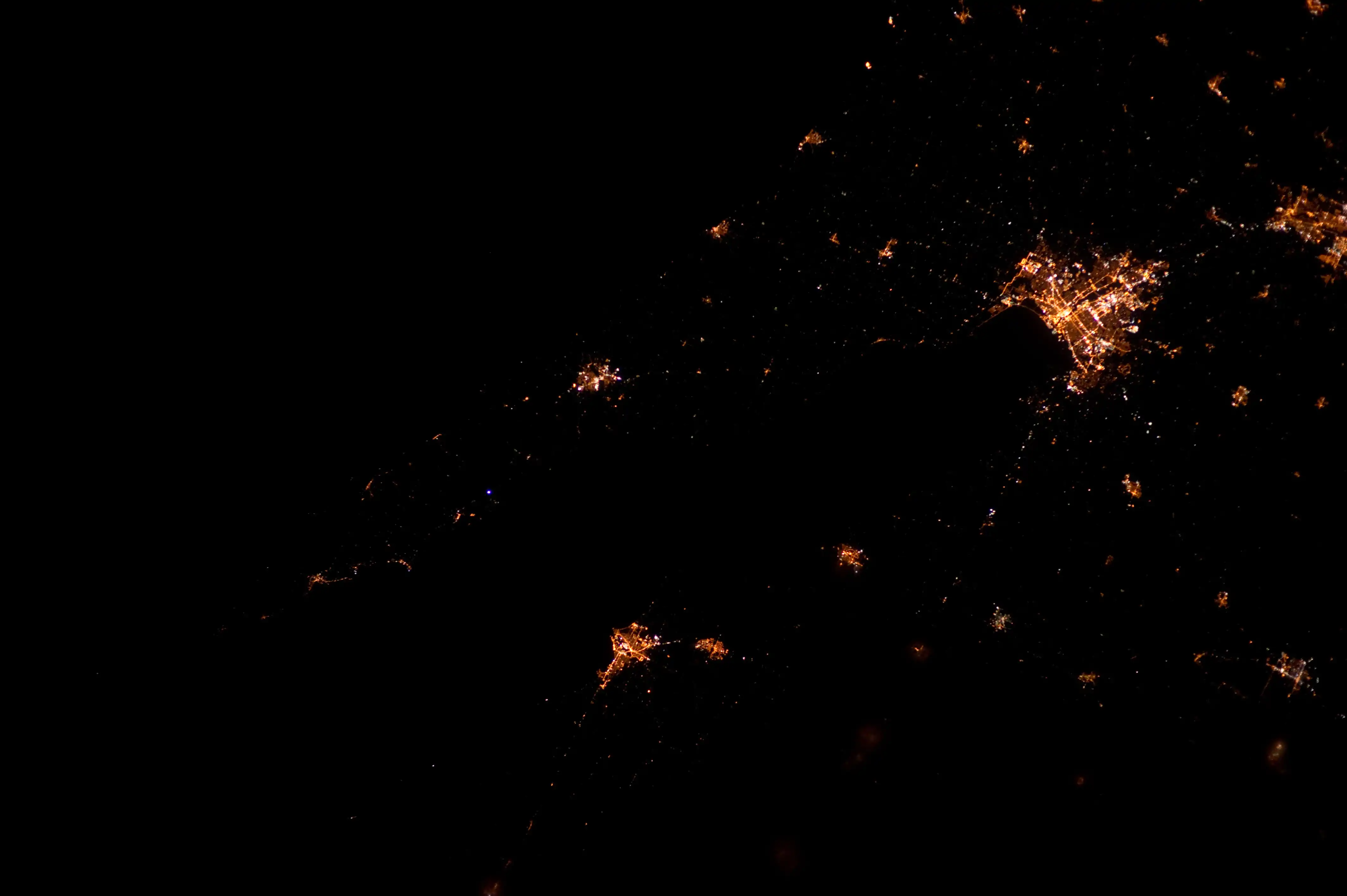 Ephraim, left, and Sister Bay, right, taken 1:10 AM CDT, March 27, 2012 during Expedition 30 of the ISS.