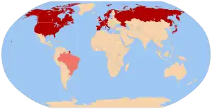 A world map highlighting Belgium, Denmark, France, Germany, Italy, Netherlands, Norway, Spain, Sweden and Switzerland in red and Brazil in pink. See adjacent text for details.