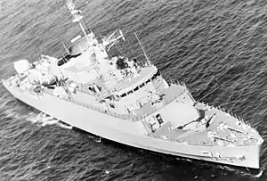 A starboard bow view of the Iranian destroyer escort ITS Faramarz (DE 74), redesignated as IRS Sahand (F 74).