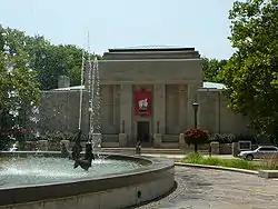 an exterior photograph of the Lilly Library with the Showalter Fountain in the foreground