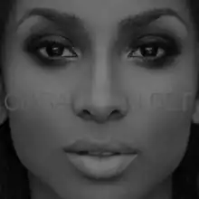 A black-and white portrait of a close-up of an African-American woman's face with the name Ciara and the title "I Bet" centered in the portrait in feint white capital font.