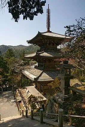 Wooden three-story pagoda of Ichijō-ji in Japan, built in 1171