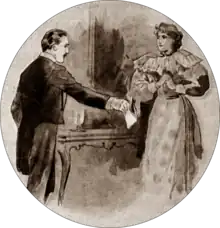 indoor scene; a man burns a letter while a woman watches in displeasure