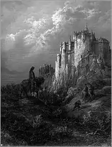 Edyrn with His Lady and Dwarf Journey to Arthur's Court, in Idylls of the King by Lord Alfred Tennyson, illustrated by Gustave Doré