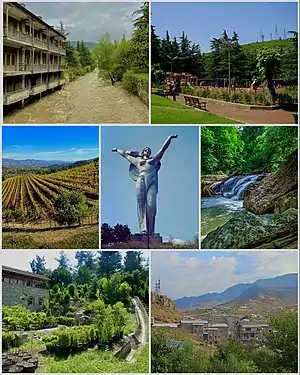 From top left:Aghstev River • Ijevan central parkIjevan Vineyards • Mother ArmeniaIjevan Wildlife Sanctuary • Ijevan DendroparkIjevan skyline and Gugark mountains