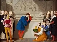 Ludovico weeps over the tomb of his wife Beatrice, Giovanni Battista Gigola, c. 1815, Pinacoteca Ambrosiana. The friars of S. Maria delle Grazie assist on the left, and on the right the two orphans Ercole Massimiliano and Francesco with their respective nurses, as well as Bramante and Leonardo.