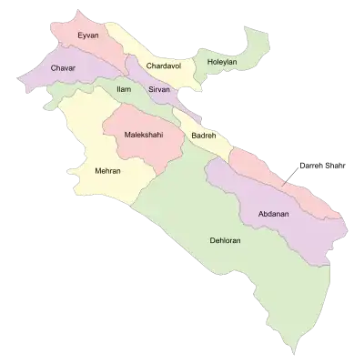 Location of Mehran County in Ilam province (left, yellow)