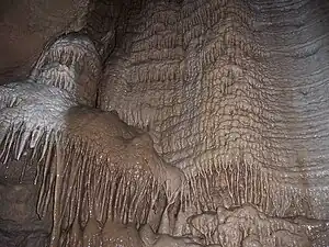 Image 33A flowstone formation inside Chimney Dome, part of Illinois Caverns in Monroe County. The cave is formed in limestone and dolomite by water dissolution and features stalactites, stalagmites, rimstone dams, flowstone, and soda straws.Photo credit: A. Frierdich (from Portal:Illinois/Selected picture)