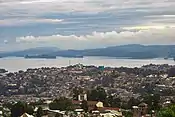 Lake Kivu separating Bukavu (In the foreground) and Cyangugu (In the background) as seen from Tumbimbi.