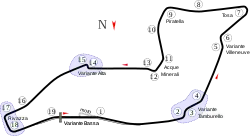 Track layout of the Imola circuit. The track runs anticlockwise and has nineteen corners, including the sharp hairpin at turn seven, Tosa, and three chicanes to slow cars down. The pit lane is on the outside of the track, with its entry located after turn eighteen and its exit located on the run to turn two.