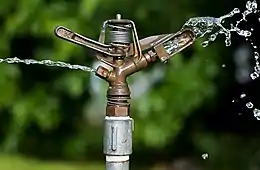 Image 21Impact sprinklerPhotograph: JJ HarrisonThe head of an impact sprinkler, a type of  irrigation sprinkler in which the sprinkler head, driven in a circular motion by the force of the outgoing water, pivots on a bearing on top of its threaded attachment nut. Invented in 1935 by Orton Englehardt, it quickly found widespread use.