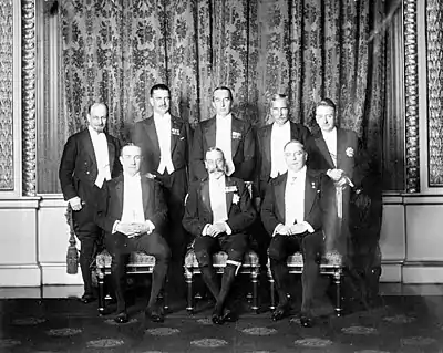 Image 2George V with his prime ministers at the 1926 Imperial Conference. Standing (left to right): Monroe (Newfoundland), Coates (New Zealand), Bruce (Australia),Hertzog (Union of South Africa),Cosgrave (Irish Free State). Seated: Baldwin (UK), King George V, King (Canada). (from History of New Zealand)