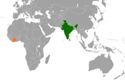 Map indicating locations of India and Ivory Coast