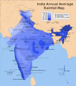 India average annual rainfall map. A map of India overlaid with various zones of differing shades of blue. Each shade represents a region receiving a similar annual precipitation total. The wettest region comprises the northeastern "Seven Sisters" states centred on Assam; the southwestern littoral in Kerala, Karnataka, Goa, and Maharashtra is another wet region of over 250 centimetres per annum, depicted in a dark shade of navy blue. The rest of the country in between them is shown in lighter shades; the driest region is seen in the northwest near the borders with Pakistan and China, parts of which, according to the legend, are seen to obtain less than 20 centimetres per annum.