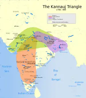 Illustration of the Rashtrakuta Empire and its territories, along with the Buddhist Pala Empire and the Gurjara-Pratihara dynasty during the 9th and 10th centuries.