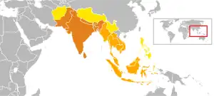 Image 21Historic Indosphere cultural influence zone of Greater India for transmission of elements of Indian elements such as the honorific titles, naming of people, naming of places, mottos of organisations and educational institutes as well as adoption of Hinduism, Buddhism, Indian architecture, martial arts, Indian music and dance, traditional Indian clothing, and Indian cuisine, a process which has been also aided by the ongoing historic expansion of Indian diaspora. (from History of Laos)