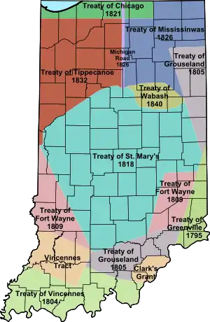 A colorful map of Indiana with treaty names