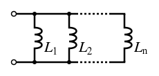 A diagram of several inductors, side by side, both leads of each connected to the same wires.