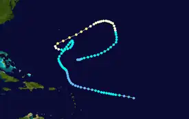 Map showing the path and intensity of Hurricane Inga