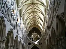  an interior view of the nave at Wells as described in the text. The nave terminates abruptly in a structure known as St Andrew's Cross, which was inserted to support the tower.