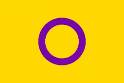 A yellow background with a purple circle in the middle, representing intersex people.