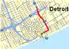 Map of I-375 (red) and BS I-375 (green) in Detroit