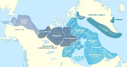 Map of the North American Arctic with coloured zones to indicate the primary Inuit language or dialect spoken within the area