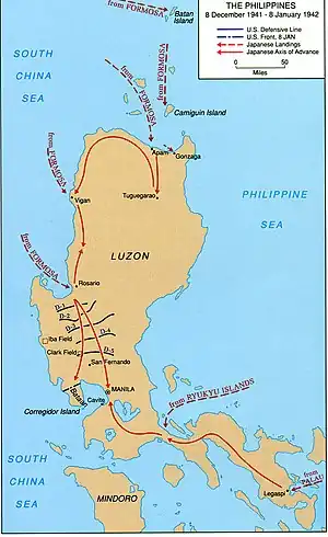 A map of Luzon Island showing Japanese landings and advances from 8 December 1941 to 8 January 1942