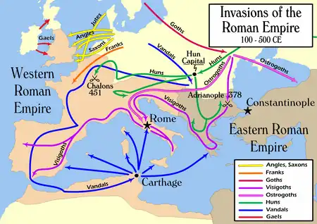 Image 27The Barbarian Invasions consisted of the movement of (mainly) ancient Germanic peoples into Roman territory. Historically, this event marked the transition between classical antiquity and the Middle Ages. (from Roman Empire)