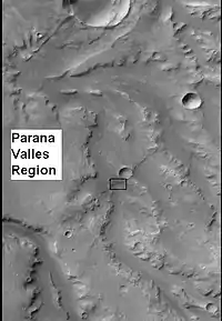 CTX context image for next image that was taken with HiRISE.  Note long ridge going across image is probably an old stream.  Box indicates area for HiRISE image.