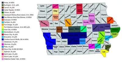 Map of the 24 core-based statistical areas in Iowa.