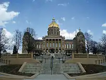 Image 32The Iowa State Capitol in Des Moines, completed in 1886, is the only state capitol in the United States to feature five domes, a central golden dome surrounded by four smaller ones. It houses the Iowa General Assembly, comprising the Iowa House of Representatives and Iowa Senate. (from Iowa)