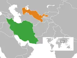 Map indicating locations of Iran and Uzbekistan